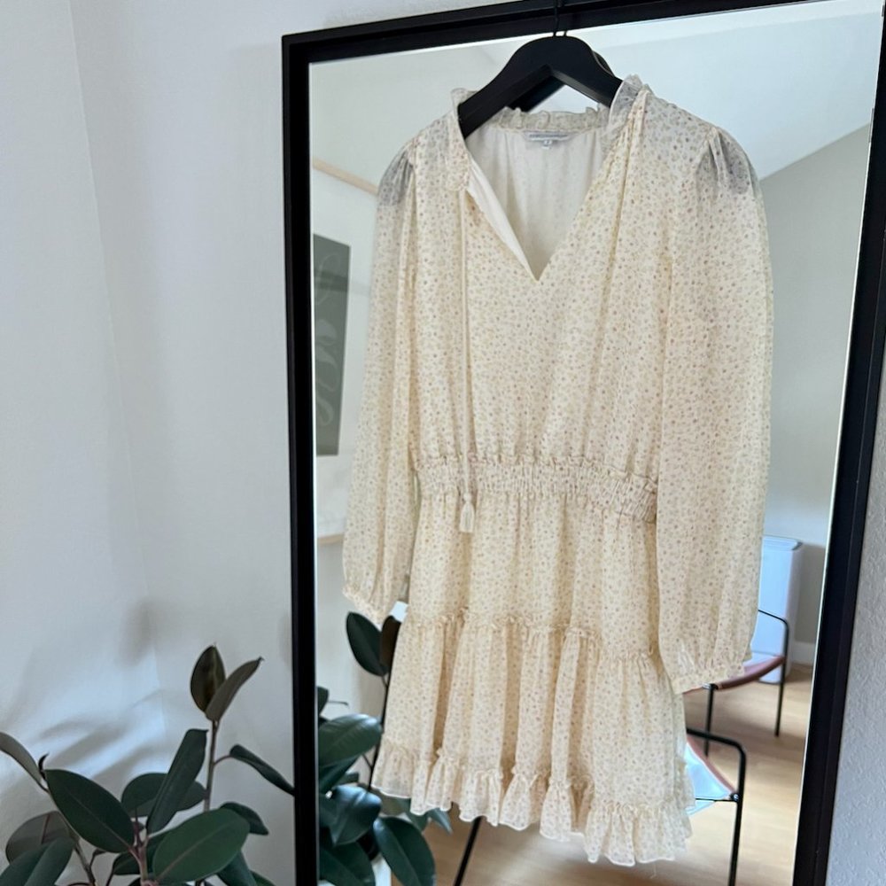 Rebecca Minkoff V Neck Ruffle Trim Floral Peplum Midi Dress Yellow Size M